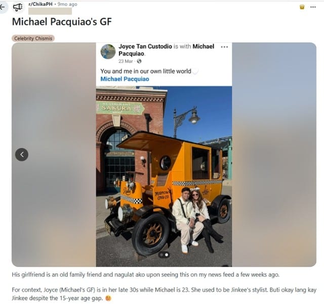 Reddit post about Joyce Tan Custodio's relationship with Michael Pacquiao